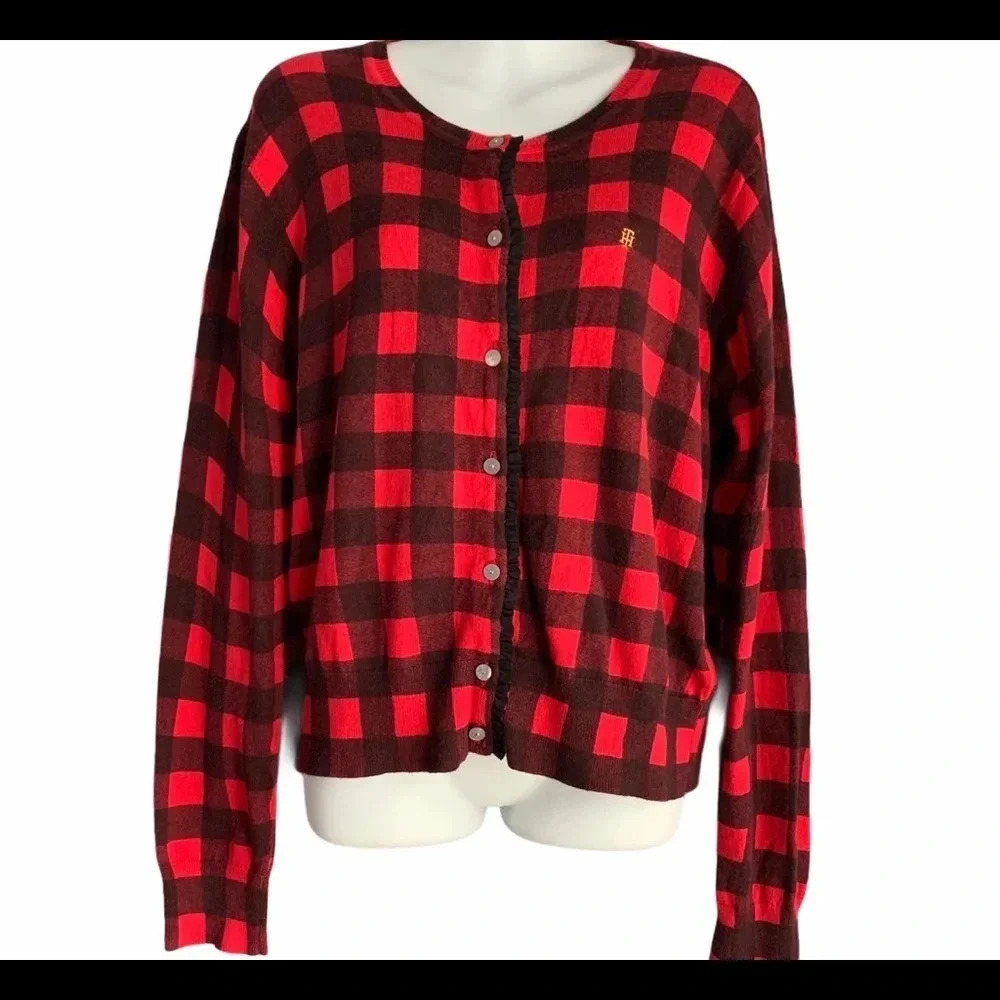 Tommy Hilfiger Check Ruffle Trim Button Front Cardigan Size XL